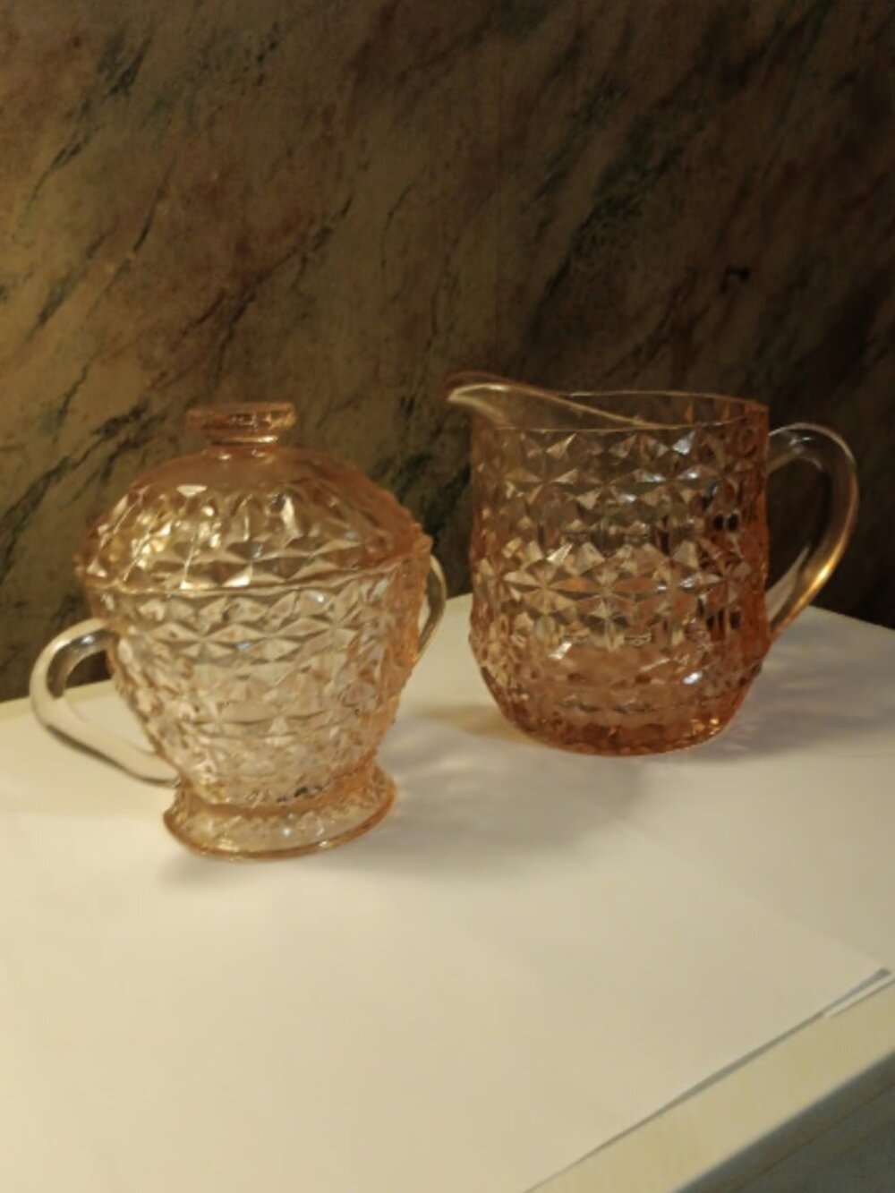 Jeanette holiday button and bows pink depression glass set